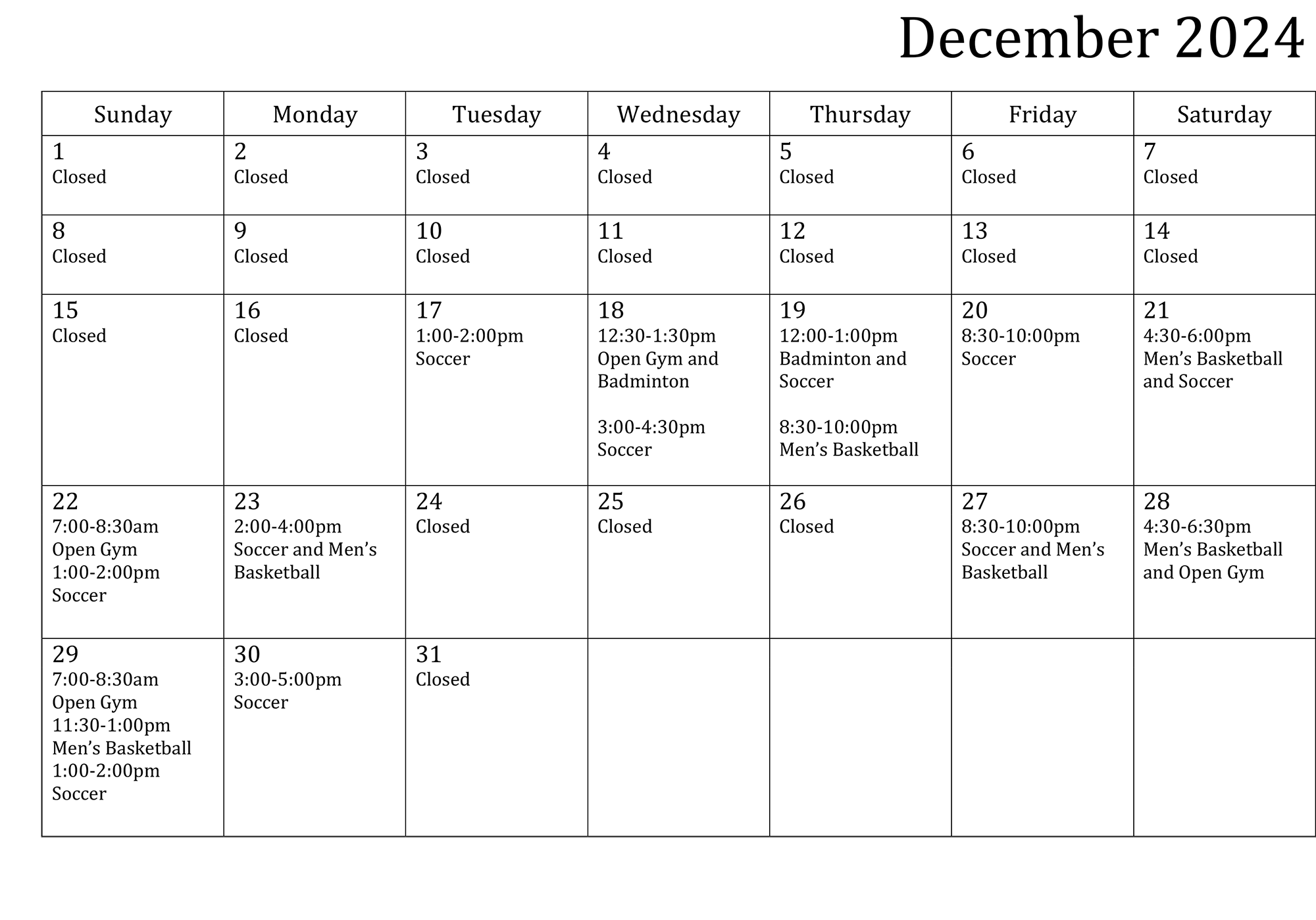 Dec. 2024 Schedule